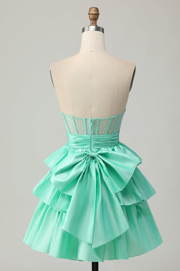 Corset Green A Line Tiered Beaded Strapless Homecoming Dress with Bow
